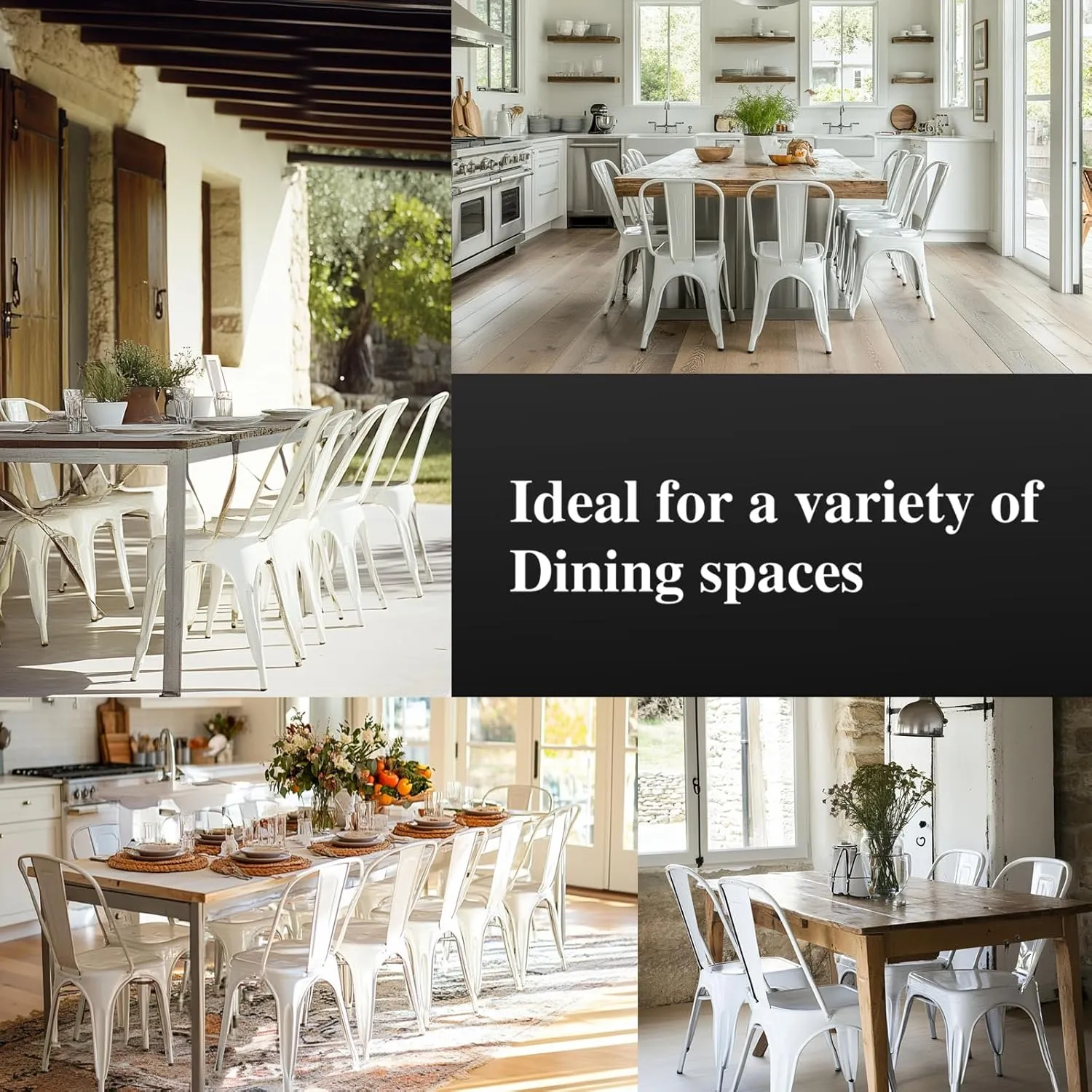 Metal Dining Chair with Wooden Seat Set of 4 Stackable Industrial Vintage Kitchen Indoor-Outdoor Bistro Cafe Arctic White