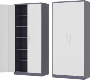 Metal Storage Cabinet-72” Tall Steel File Cabinets with Lockable Doors and 5 Adjustable Shelves-Gray&White Steel Storage Cabinet for Home, School, Office, Garage