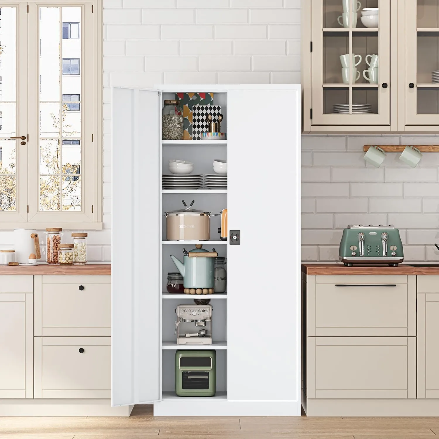 Metal Storage Cabinet-72” Tall Steel File Cabinets with Lockable Doors and Adjustable Shelves-White Steel Storage Cabinet for Kitchen, Office, Garage