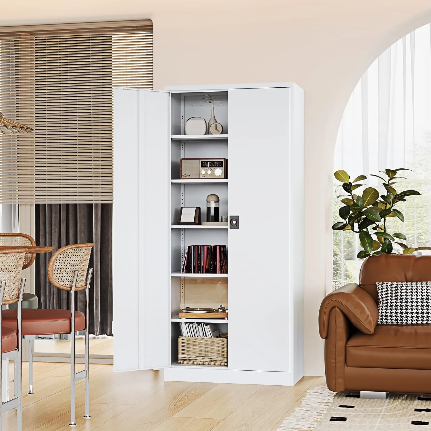 Metal Storage Cabinet-72” Tall Steel File Cabinets with Lockable Doors and Adjustable Shelves-White Steel Storage Cabinet for Kitchen, Office, Garage