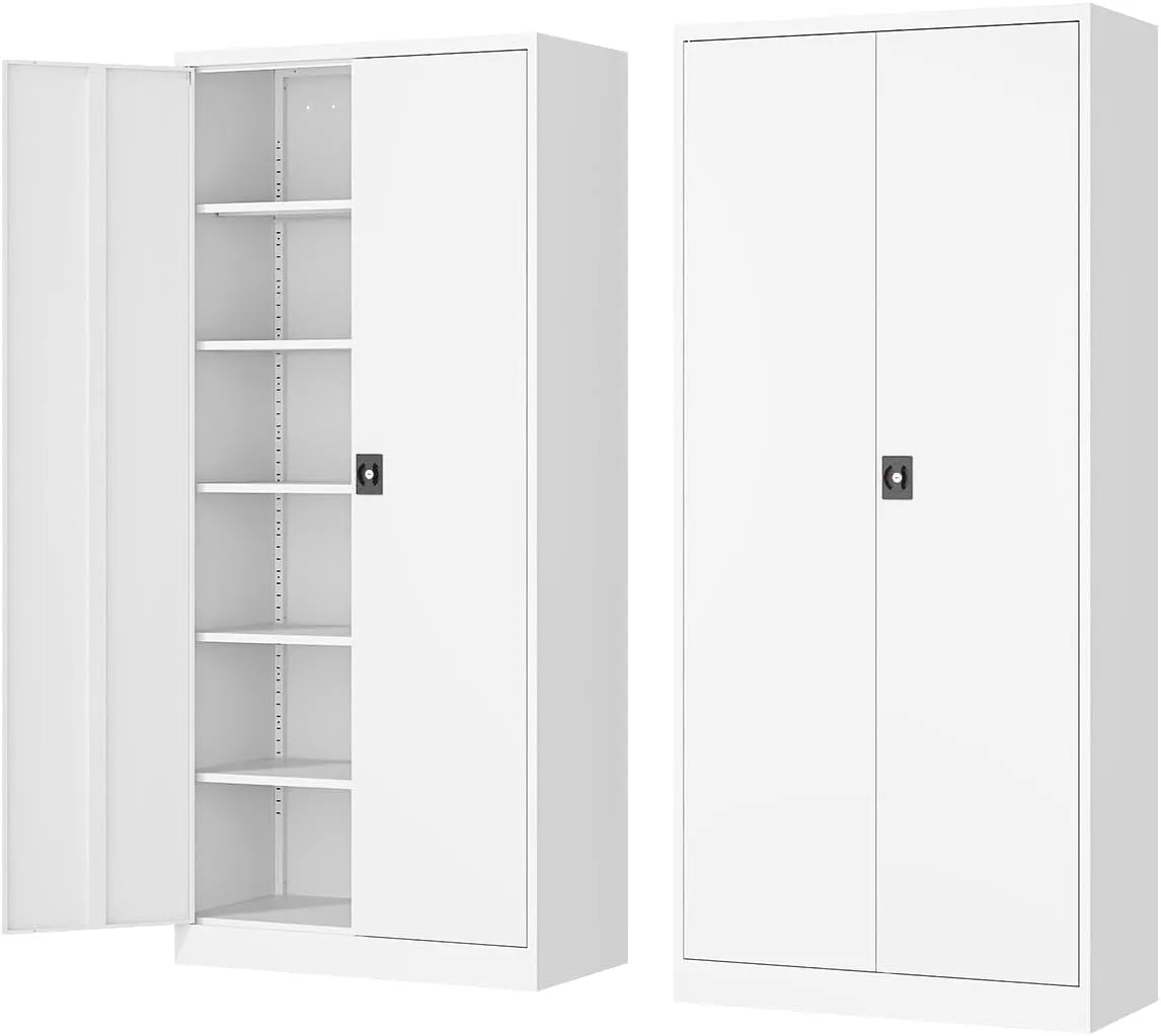 Metal Storage Cabinet-72” Tall Steel File Cabinets with Lockable Doors and Adjustable Shelves-White Steel Storage Cabinet for Kitchen, Office, Garage