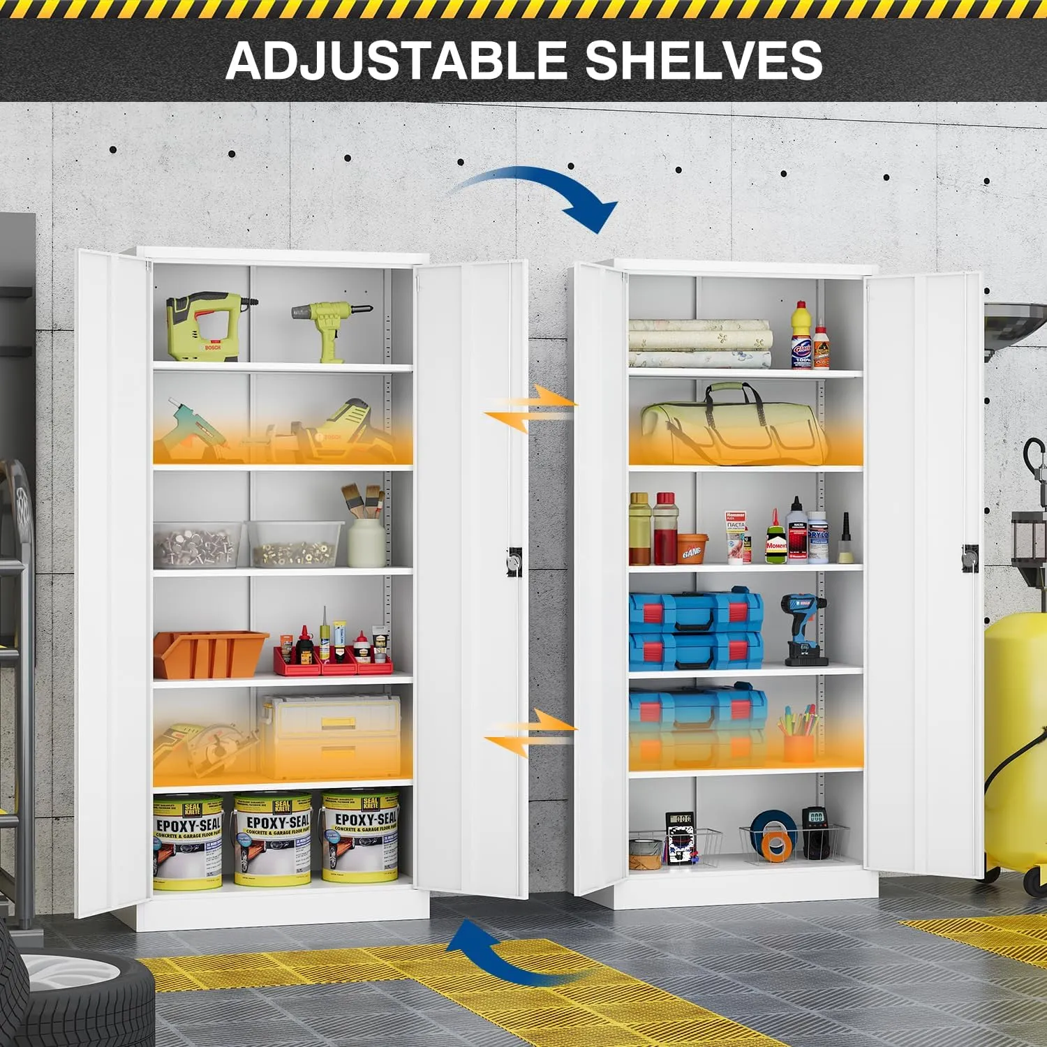Metal Storage Cabinet-72” Tall Steel File Cabinets with Lockable Doors and Adjustable Shelves-White Steel Storage Cabinet for Kitchen, Office, Garage