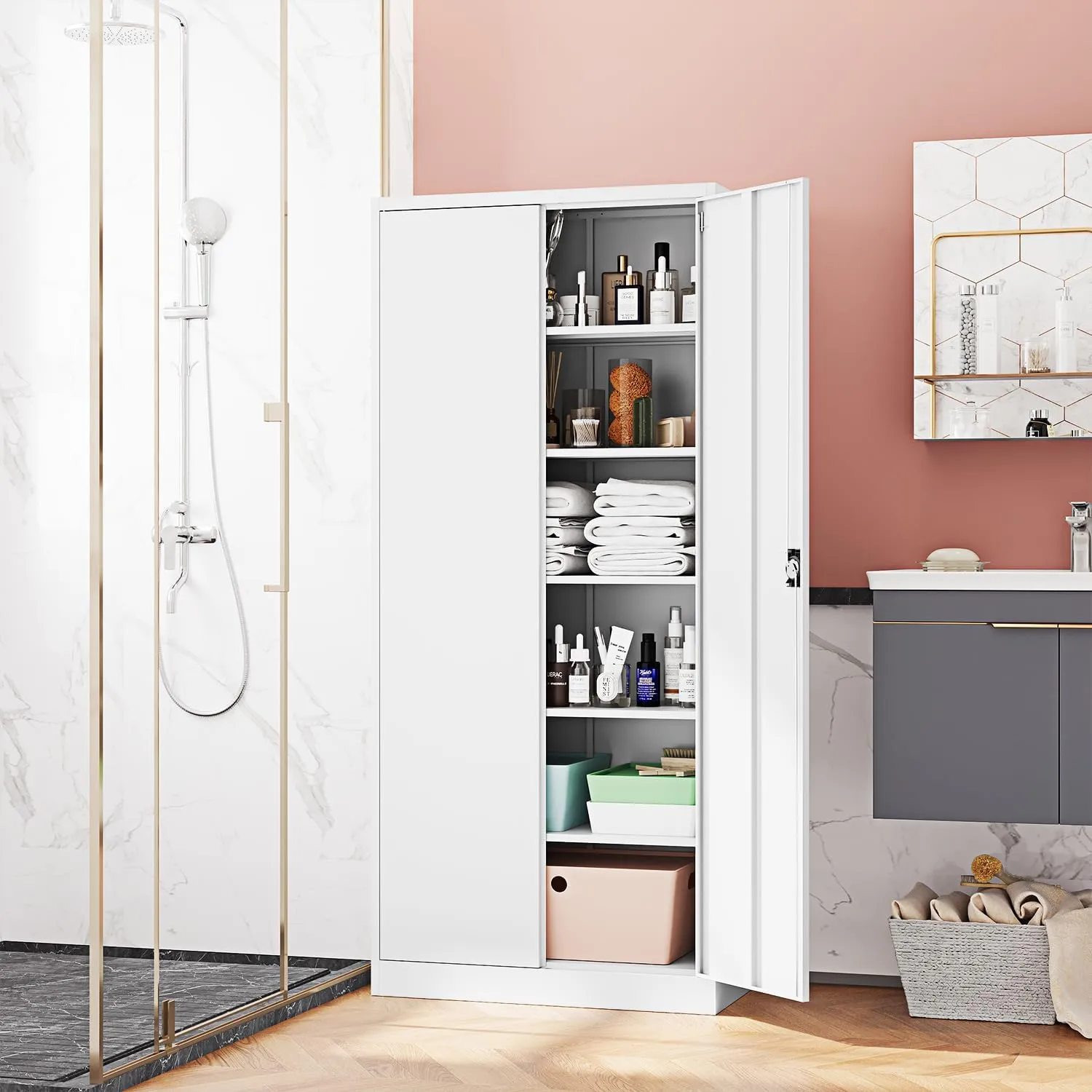 Metal Storage Cabinet-72” Tall Steel File Cabinets with Lockable Doors and Adjustable Shelves-White Steel Storage Cabinet for Kitchen, Office, Garage