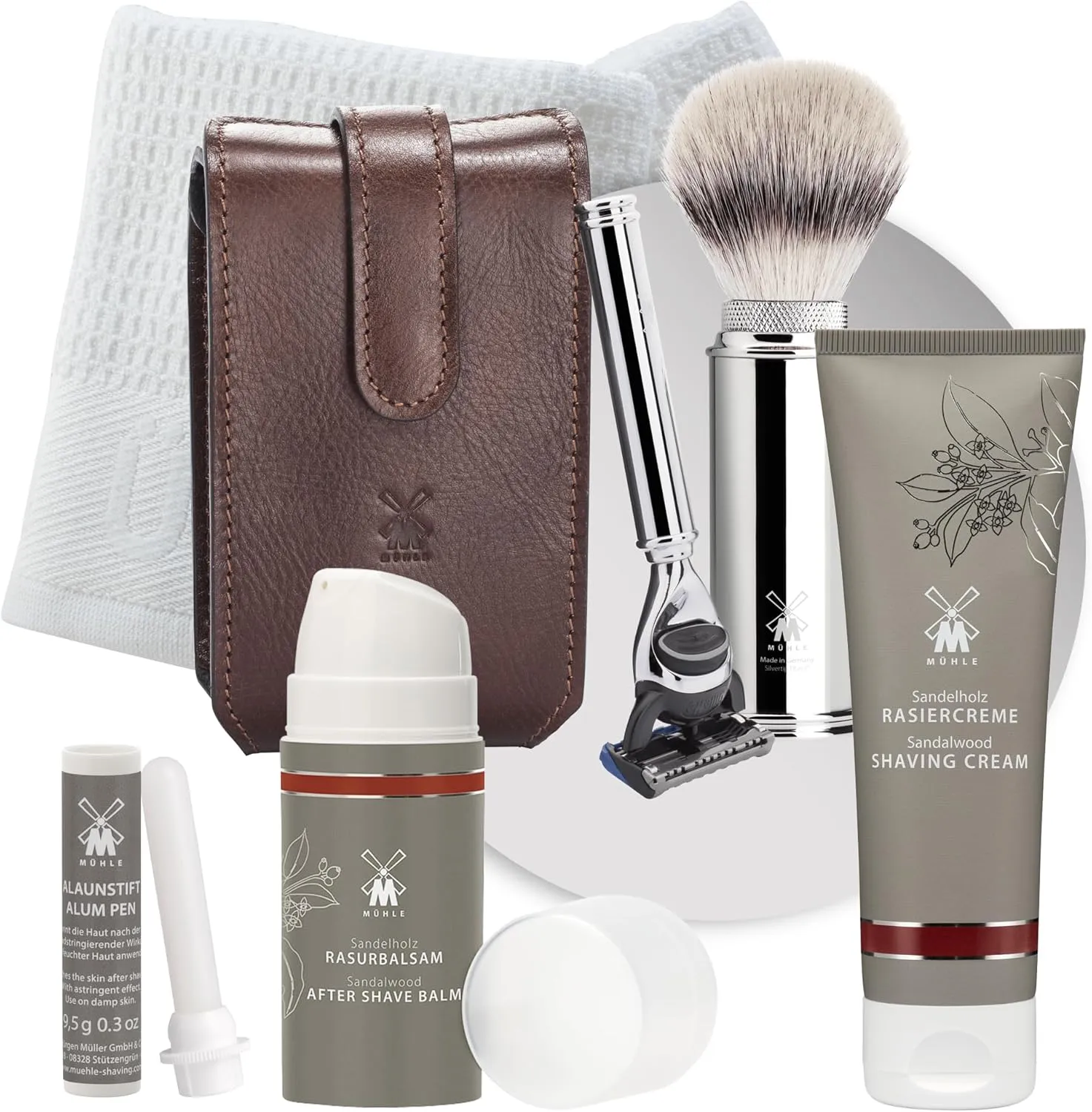 MÜHLE Luxury Travel Shaving Bundle - Silvertip Fibre Razor, Sandalwood Shaving Cream & Balm, and Alum Styptic Pencil for a Smooth, Refreshing Shave