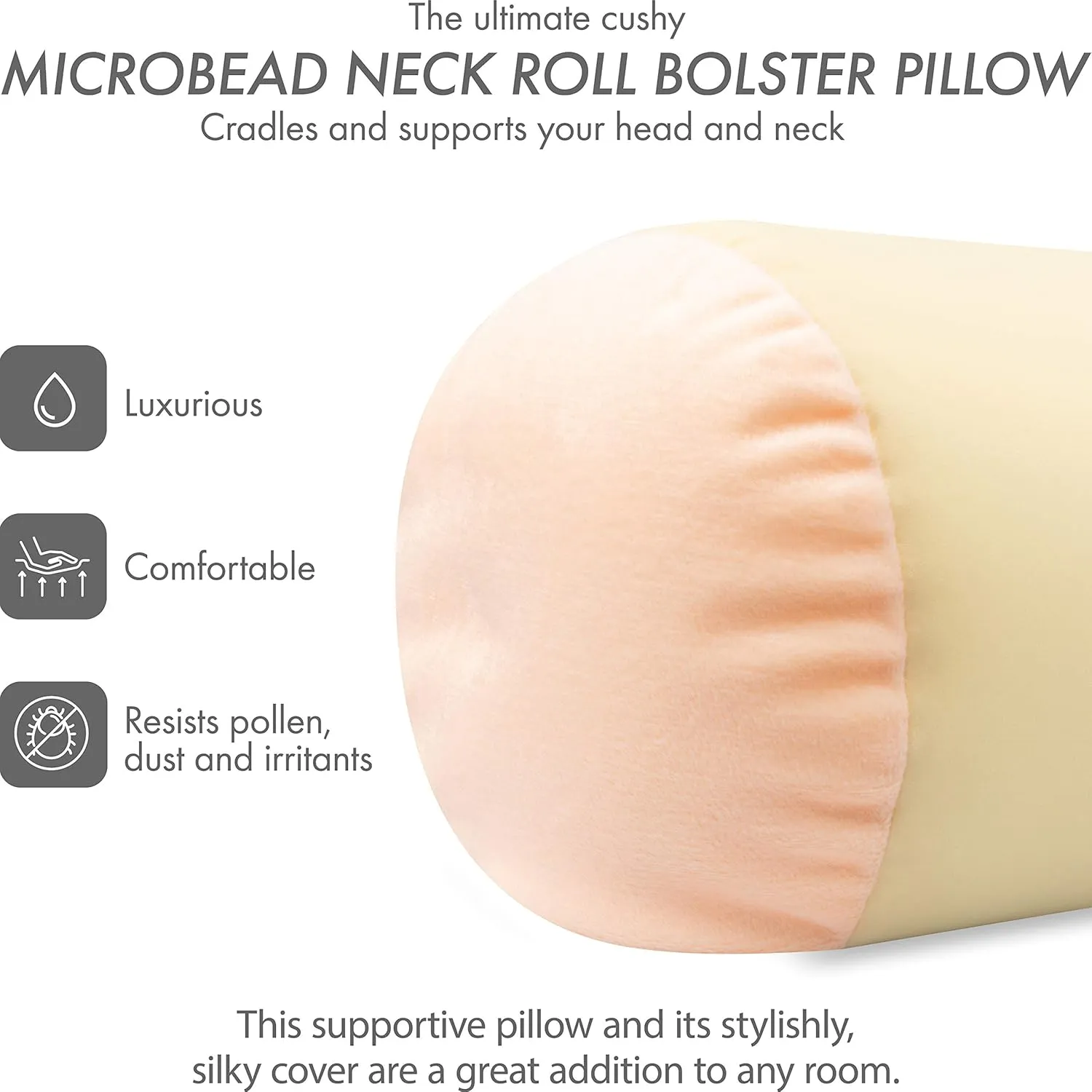 Microbead Bolster Neck Roll Pillow, Gently Body, Head, Neck & Shoulders No Pain Rest, Relax Sleep - Silky Feel Prevent Wrinkles & Hair Breakage - Lightweight Cylinder Tube, 14" x 8", Off White Cream