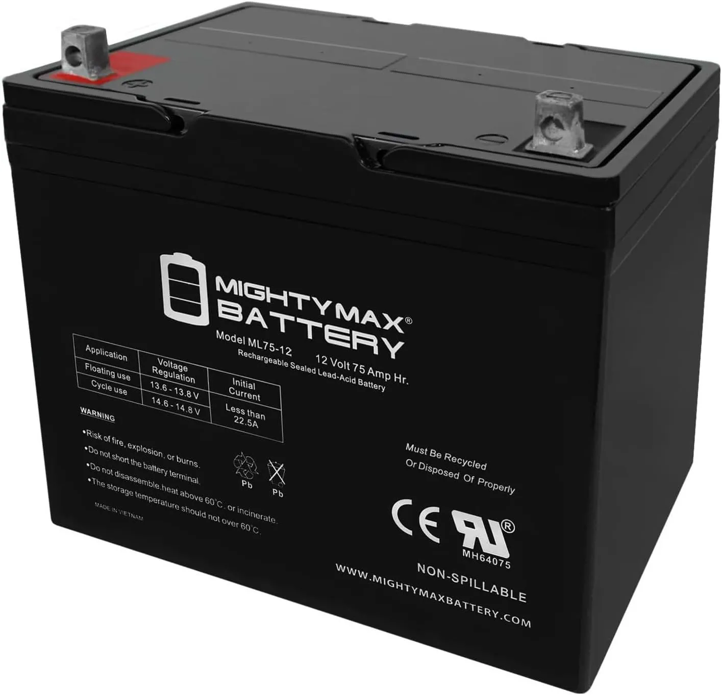 Mighty Max Battery ML75-12 - 12 Volt 75 AH, Nut and Bolt (NB) Terminal, Rechargeable SLA AGM Battery