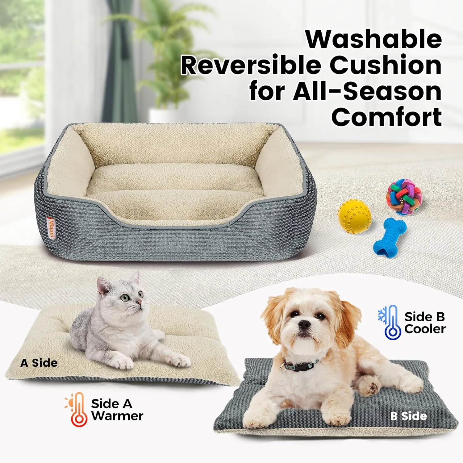 Miguel Dog Bed with Removable Cushion/Pillow for Medium Small Dogs, Washable Pet Bed with Side Easy to Wash Puppy Bed, Large Rectangle Cat Bed for Indoor Cat with Anti-Slip Bottom, Gray 30 Inch