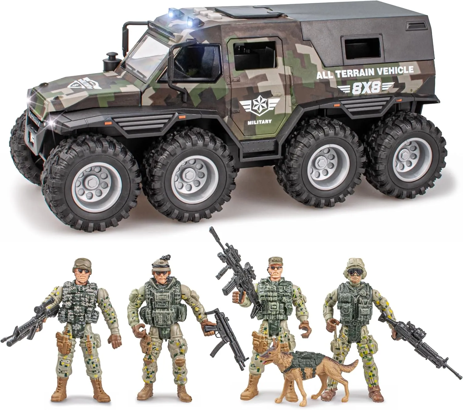 Military Vehicle & Police Car Toy Set with Sound Lights Music, 4 Army Men Action Figures & K9 Dog - Friction Powered Battle Playset for Kids Ages 3-12