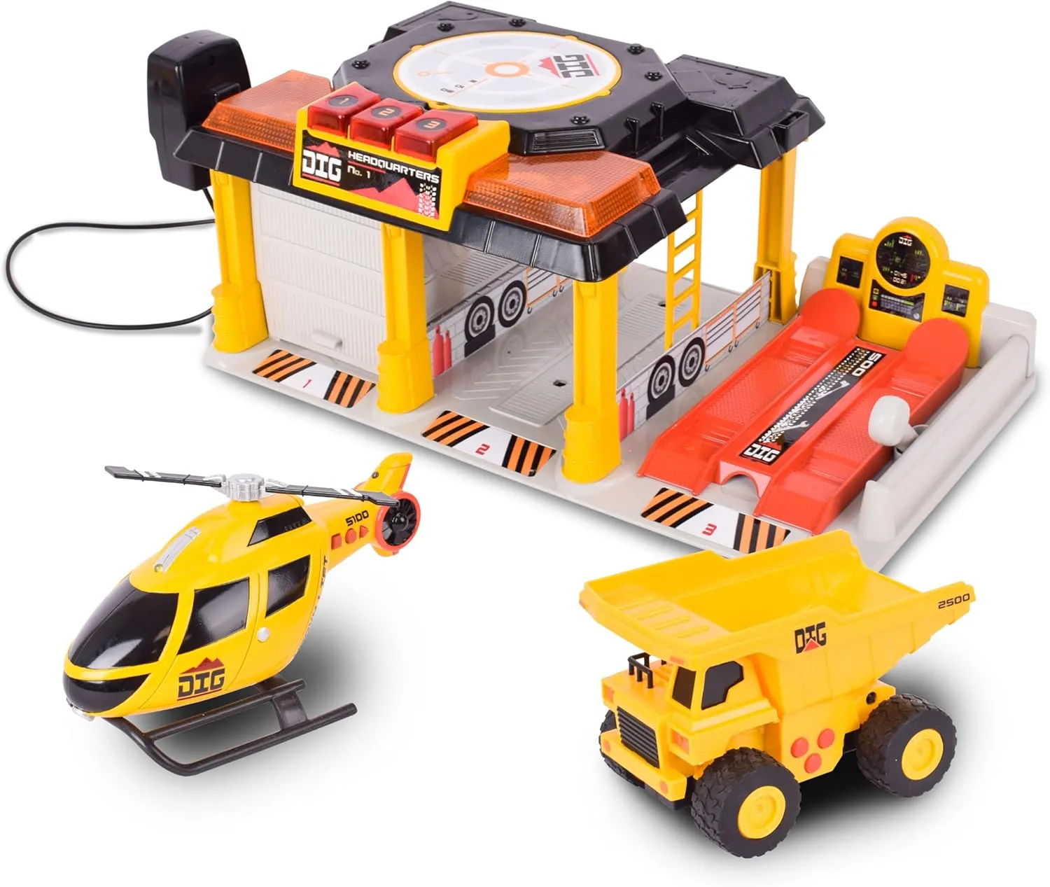 Mini Dig Vehicle Motorized Playset Construction Site Garage with Front Loader and Helicopter
