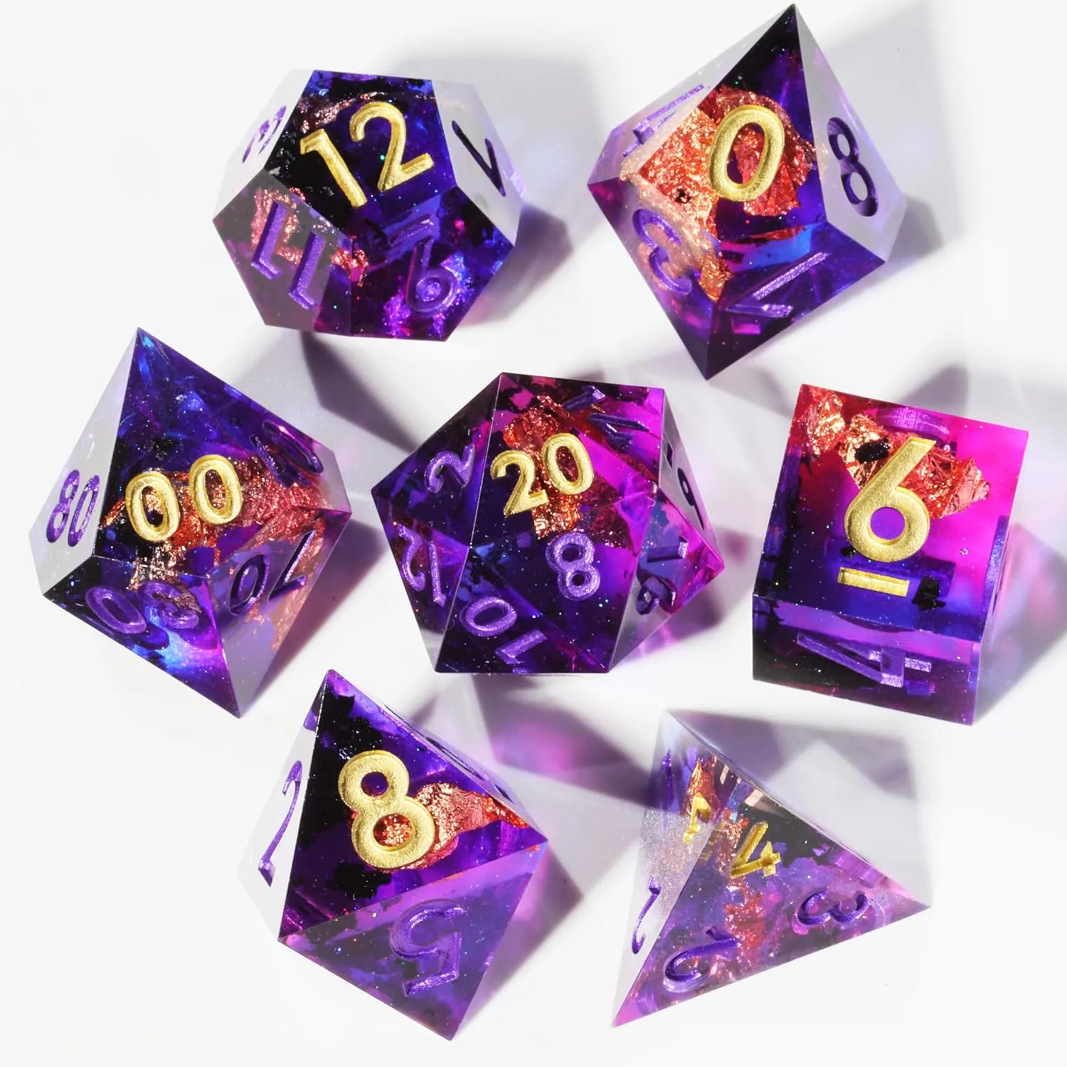 Mini Planet D&D Sharp Edge Polyhedral DND 7Pcs Resin Dice Set for Dungeons and Dragons Handmade Amethyst
