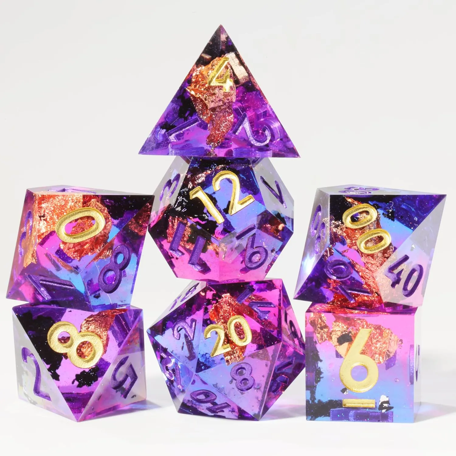 Mini Planet D&D Sharp Edge Polyhedral DND 7Pcs Resin Dice Set for Dungeons and Dragons Handmade Amethyst