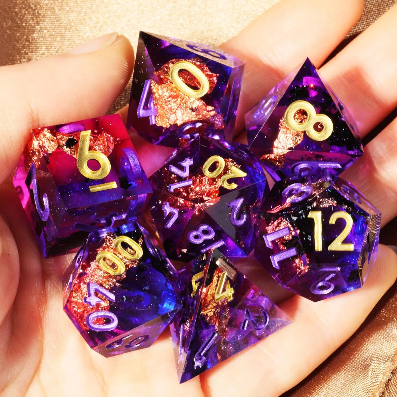 Mini Planet D&D Sharp Edge Polyhedral DND 7Pcs Resin Dice Set for Dungeons and Dragons Handmade Amethyst