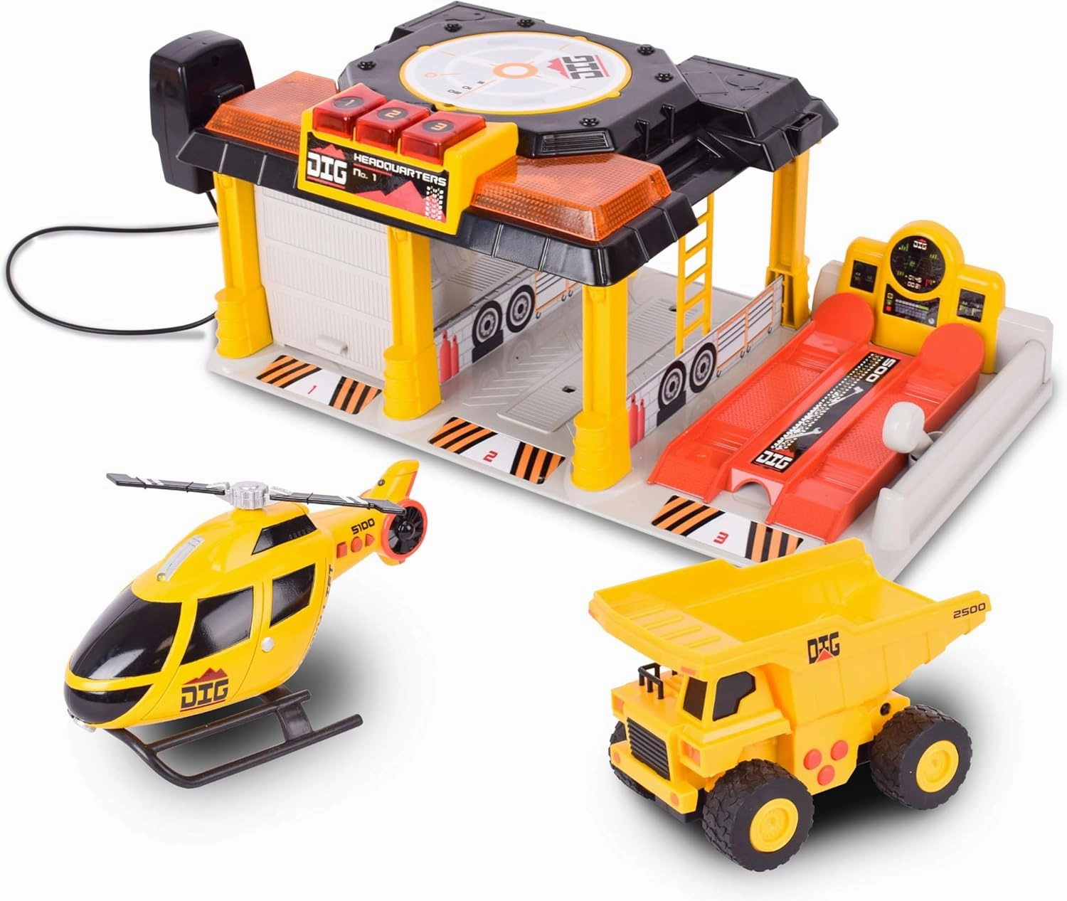 Mini Dig Vehicle Motorized Playset Construction Site Garage with Front Loader and Helicopter