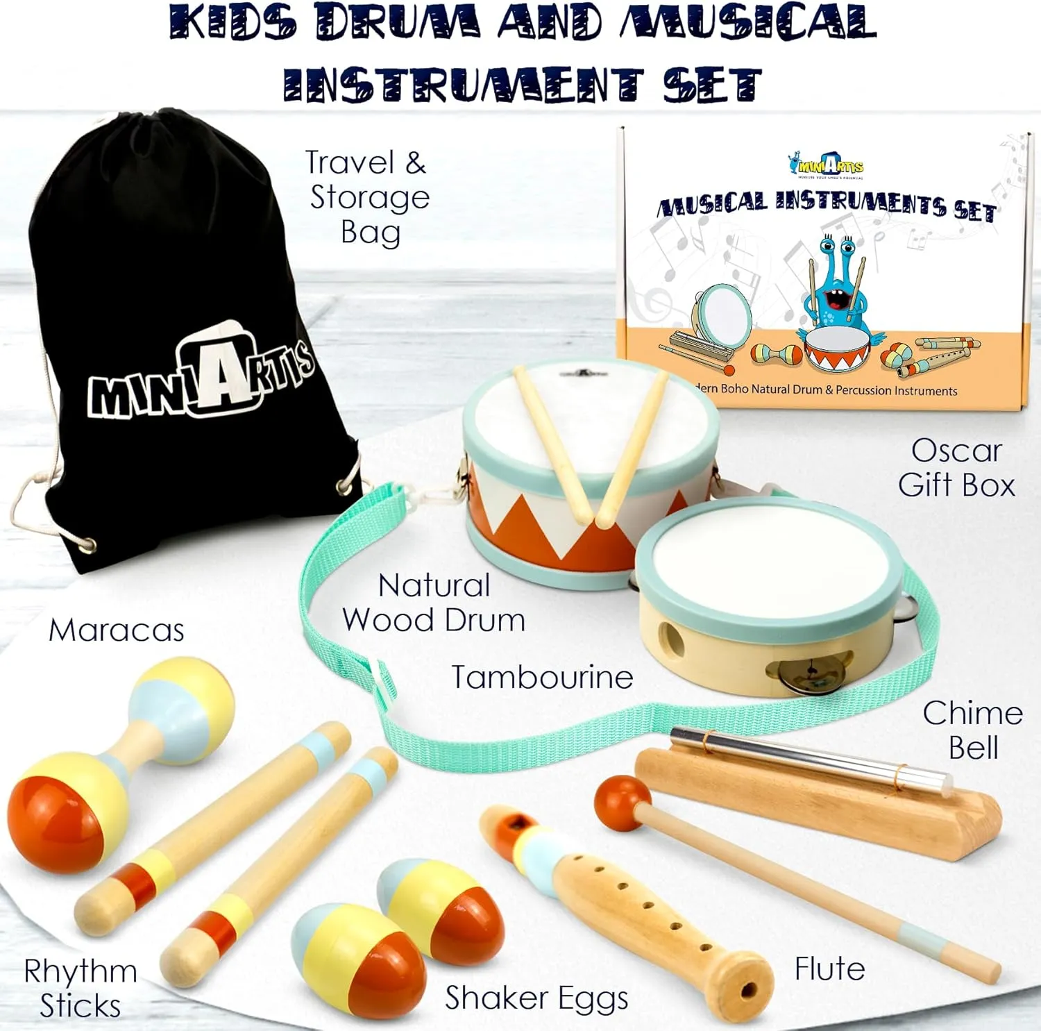 MINIARTIS Toddler Musical Instruments - Montessori Musical Toys for Toddlers 1-3 | Modern Boho Baby Drum Set with Neutral Colors Wooden Percussion Instruments | Kids Preschool Educational 3 