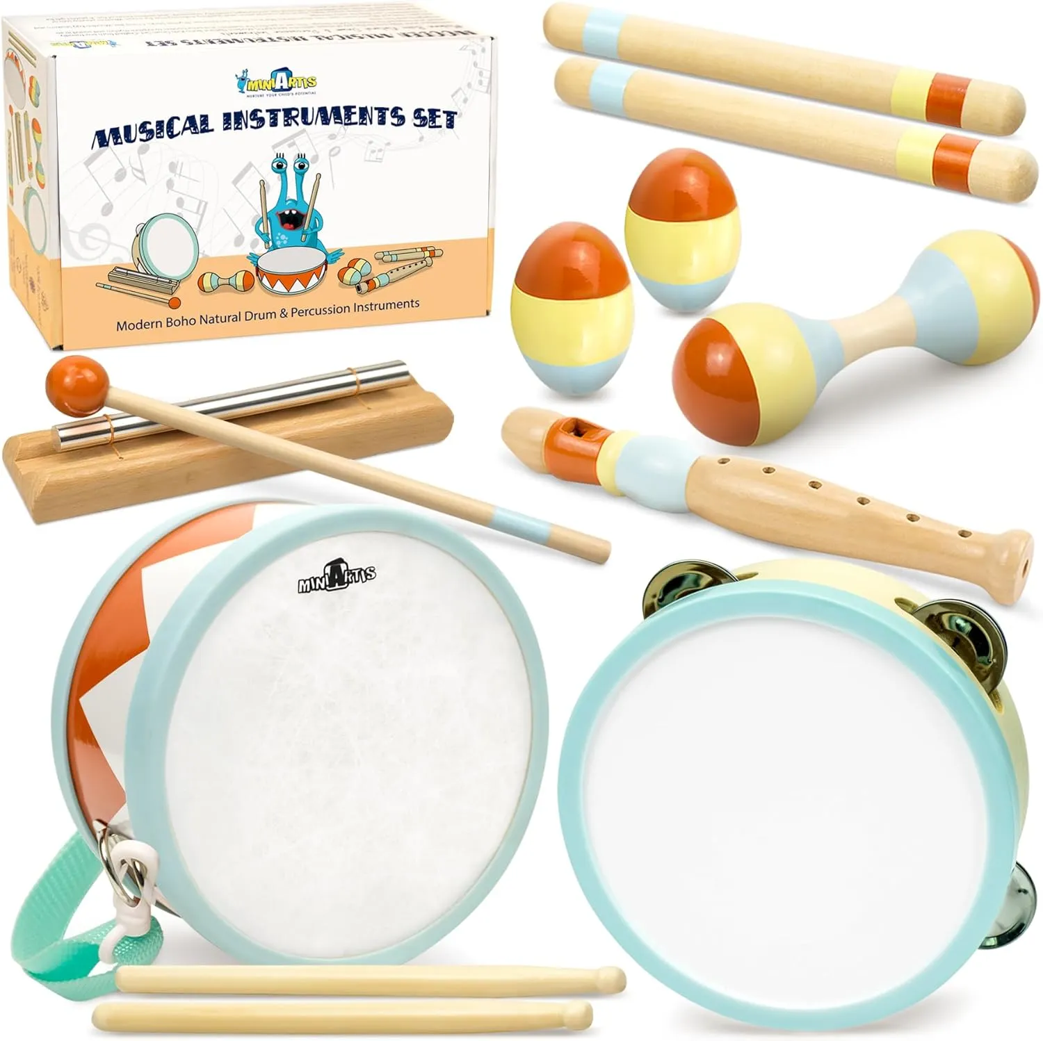 MINIARTIS Toddler Musical Instruments - Montessori Musical Toys for Toddlers 1-3 | Modern Boho Baby Drum Set with Neutral Colors Wooden Percussion Instruments | Kids Preschool Educational 3 