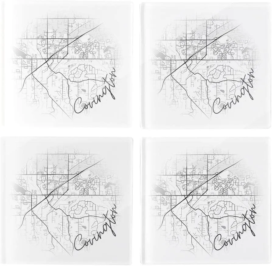 Minimalistic B&W Washington Covington Circle Map, Joyride Home Decor, 4 Glass Coasters, 4-inch Square Drink Coasters, Set of 4, Non-Slip Cork Back, Protects Surfaces, Express Your Style.