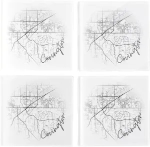 Minimalistic B&W Washington Covington Circle Map, Joyride Home Decor, 4 Glass Coasters, 4-inch Square Drink Coasters, Set of 4, Non-Slip Cork Back, Protects Surfaces, Express Your Style.