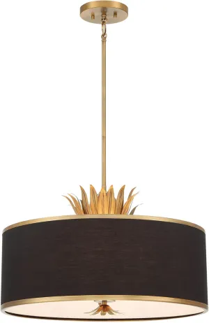 Minka Lavery 4584-672 Caprio Black Fabric with Golden Leaves Drum Pendant Light Fixture, 4-Light 240 Watts, 18" H x 24", Natural Brushed Brass