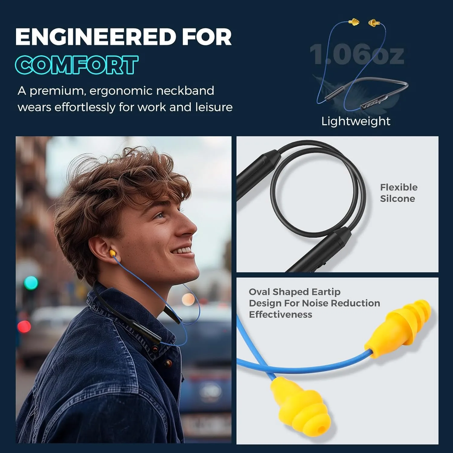 MIPEACE Bluetooth Earplug Headphones, Neckband Wireless Earbuds earplugs-29db Noise Reduction isolating in-Ear earplug Earphones and Controls,IPX5 sweatproof,19 Hour Battery(Blue)