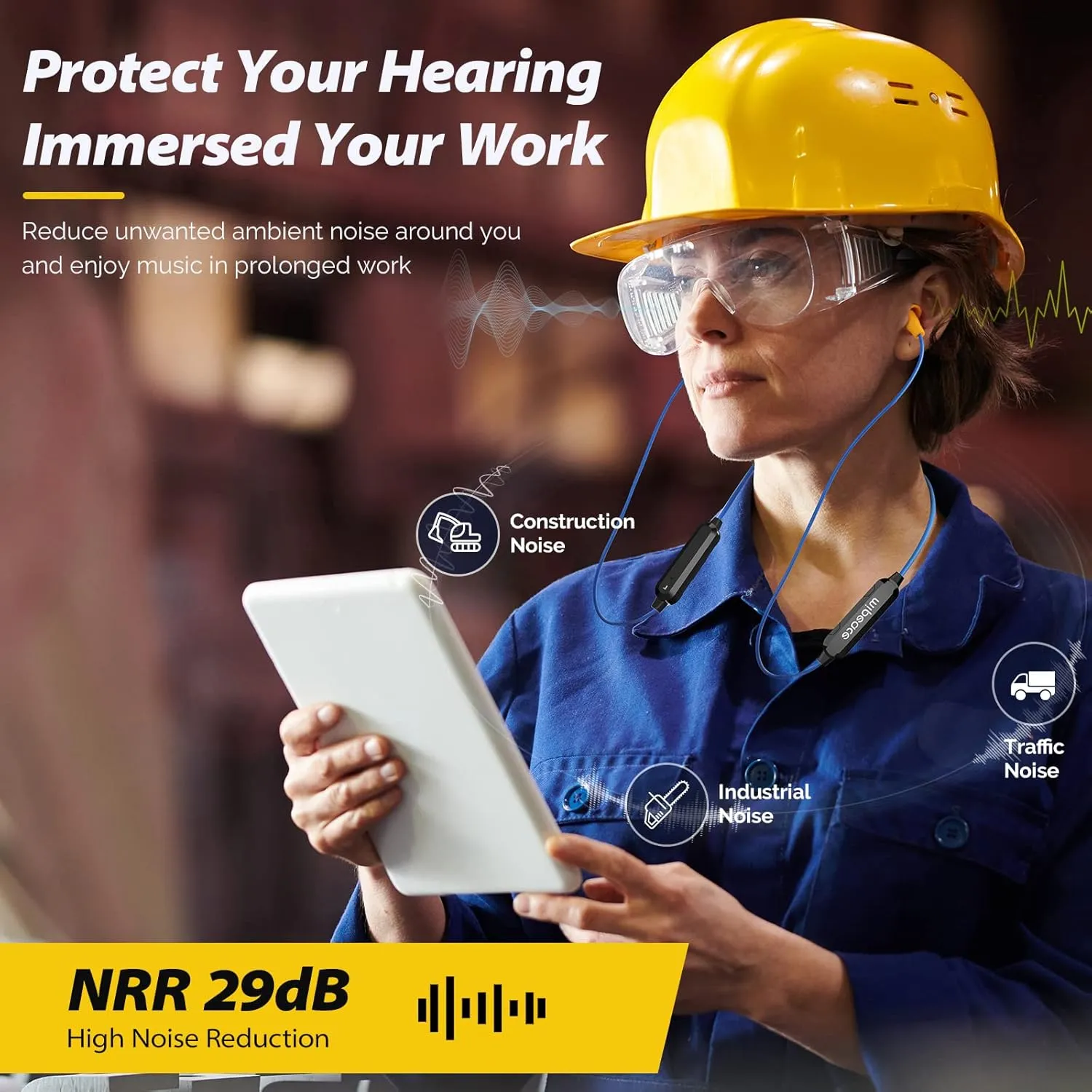 MIPEACE Bluetooth Work Earplugs Headphone,Wireless in-Ear Noise Isolating Earbuds,29dB Noise Reduction Headphone with Control,19  Hours Battery for Lawn Mowing Safety Industrial Construction(Black)