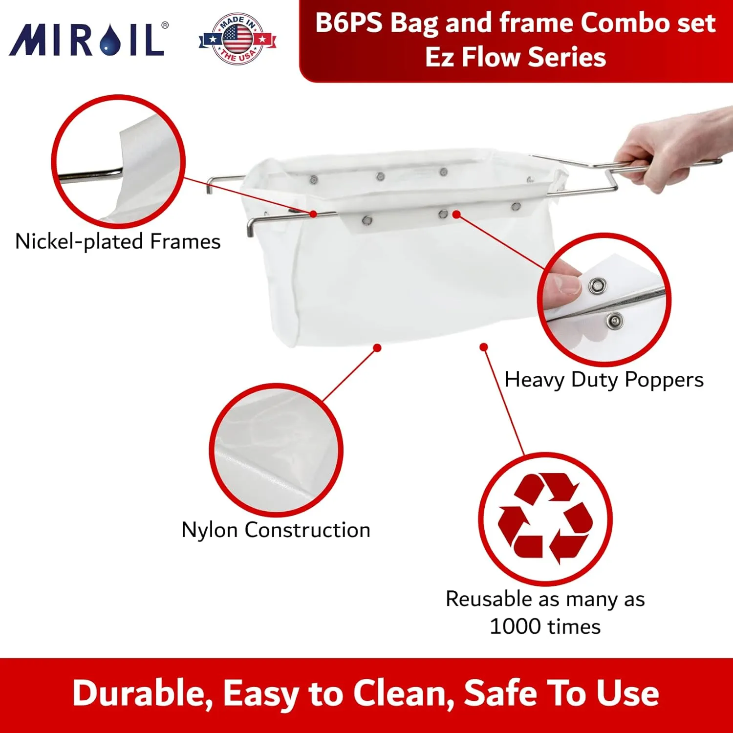 MirOil B6PS Fryer Filter Bag & Frame COMBO, Maintain Qualty & Taste of Fried Foods, Reduce Oil Contaminants, Extends Oil Life, Handles Hot & Cold Cooking Oil Filter, Suitable for 70 Lb. Polishing Oil