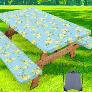 misaya Picnic Table Cover with Bench Cover, Waterproof Elastic Fitted Tablecloth for 6 Foot Tables, Rectangle Washable Polyester Fabric Tablecloths for Picnic, Camping, Outdoor (Lemon, 30" x 72")