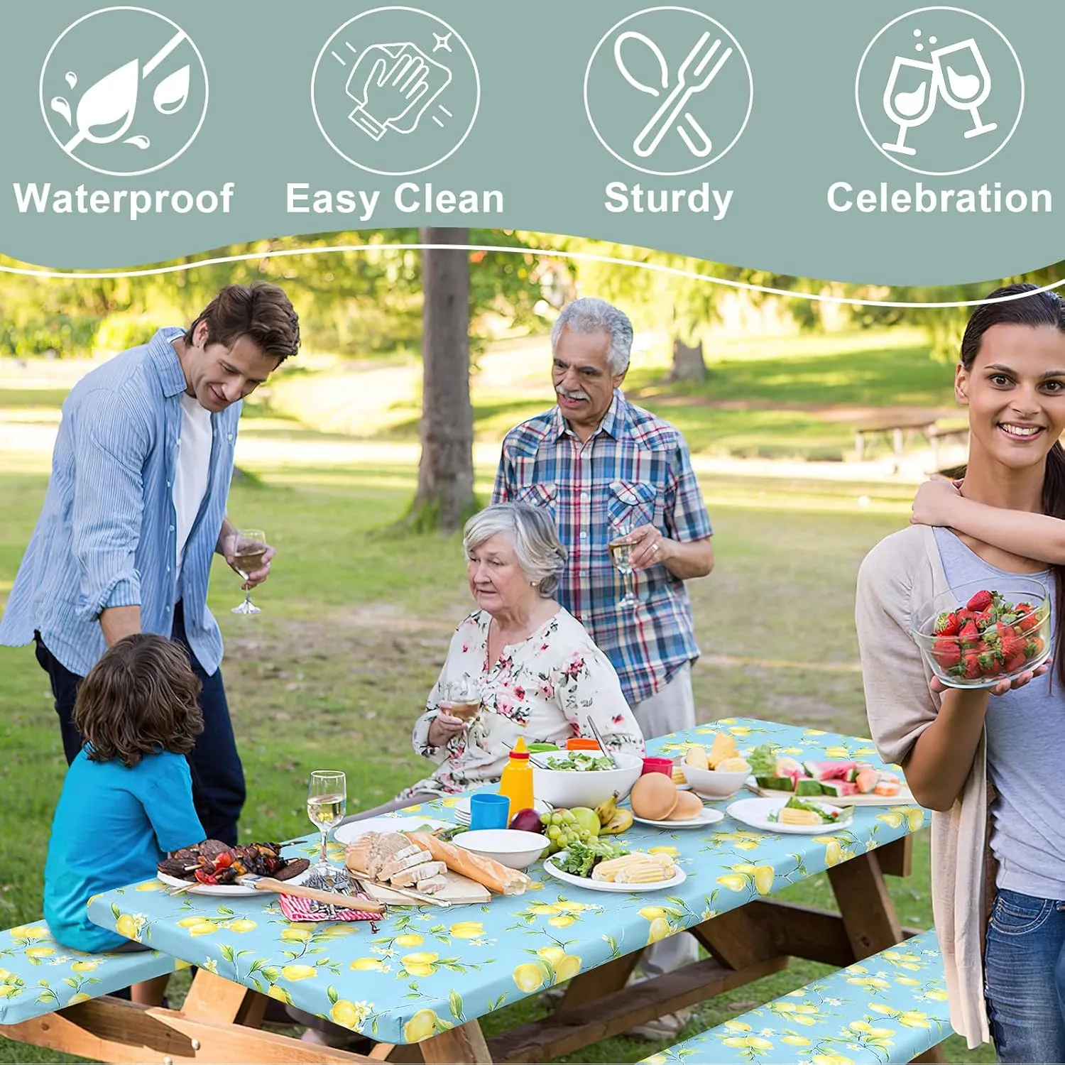 misaya Picnic Table Cover with Bench Cover, Waterproof Elastic Fitted Tablecloth for 6 Foot Tables, Rectangle Washable Polyester Fabric Tablecloths for Picnic, Camping, Outdoor (Lemon, 30" x 72")