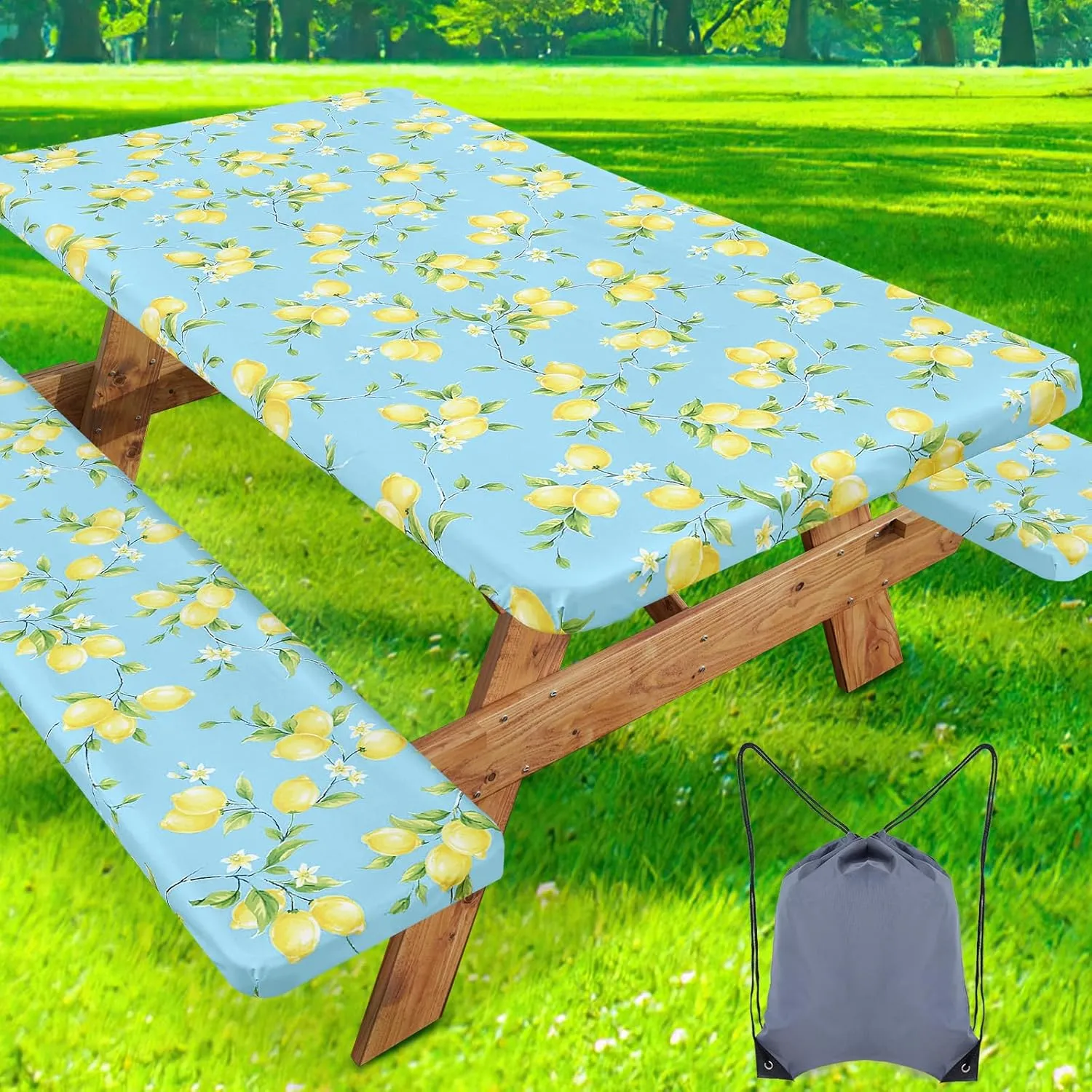 misaya Picnic Table Cover with Bench Cover, Waterproof Elastic Fitted Tablecloth for 6 Foot Tables, Rectangle Washable Polyester Fabric Tablecloths for Picnic, Camping, Outdoor (Lemon, 30" x 72")