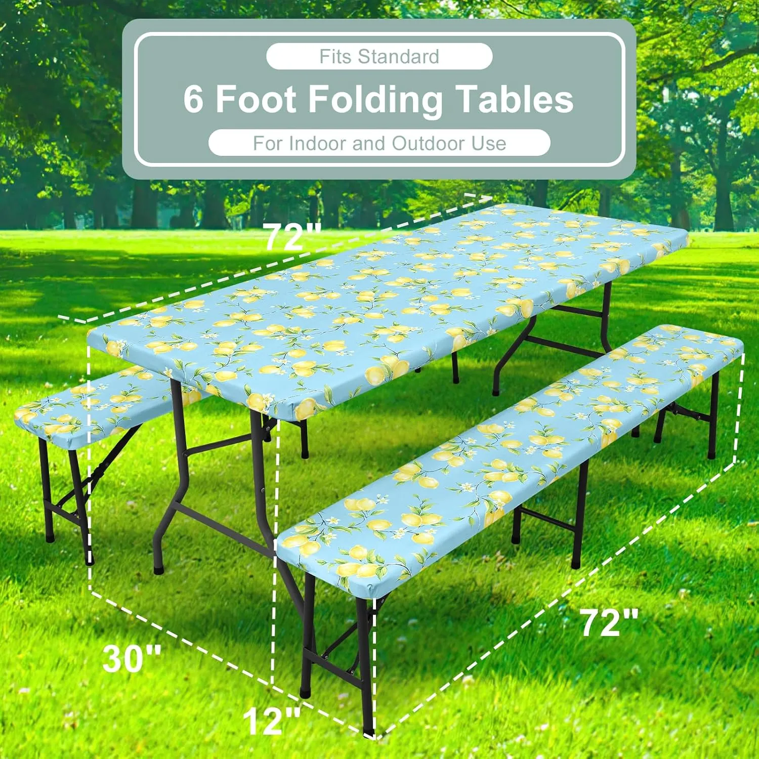 misaya Picnic Table Cover with Bench Cover, Waterproof Elastic Fitted Tablecloth for 6 Foot Tables, Rectangle Washable Polyester Fabric Tablecloths for Picnic, Camping, Outdoor (Lemon, 30" x 72")