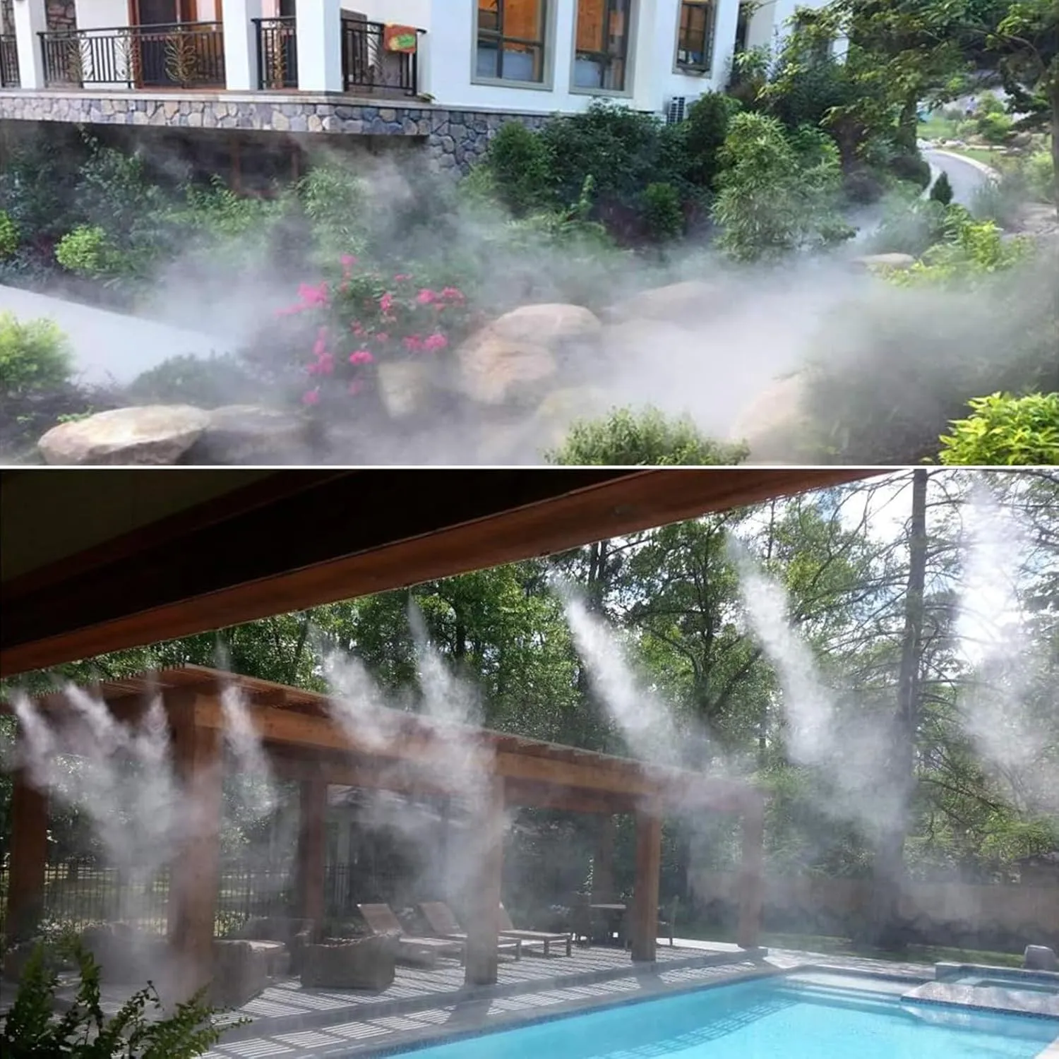 Misters for Outside Patio, Outdoor Water Misting Cooling System with 59FT Misting Line 16 Mist Nozzles Brass Adapter (3/4"), Water Mister for Outside Patio Cooling, Kids Pets Water Playing