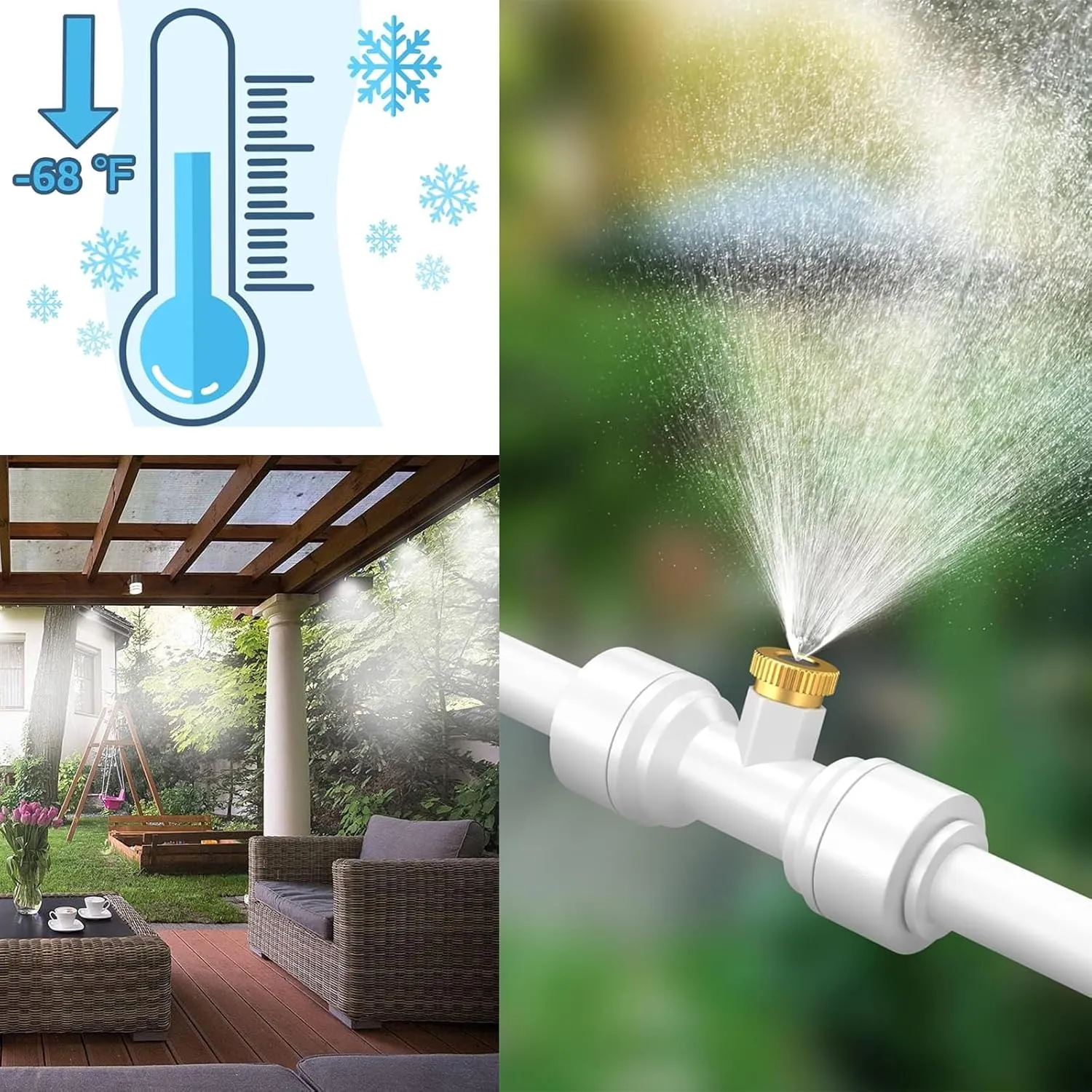 Misters for Outside Patio, Outdoor Water Misting Cooling System with 59FT Misting Line 16 Mist Nozzles Brass Adapter (3/4"), Water Mister for Outside Patio Cooling, Kids Pets Water Playing