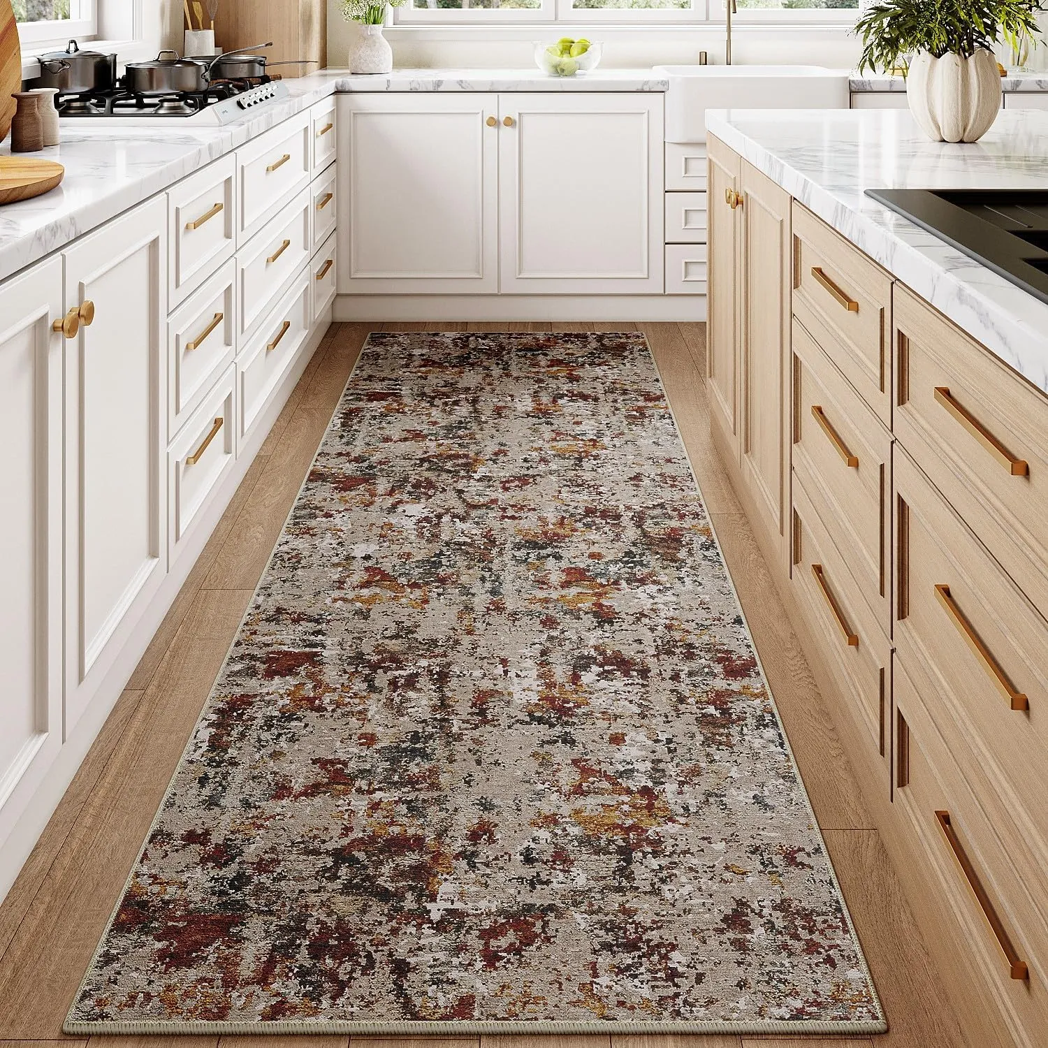 Modern Brown Runner Rug 2x6 Washable Hallway Red Brown Multi Bedroom Carpet Non Slip Kitchen Indoor Accent Neutral Abstract Distressed Throw Rug Dining Laundry Living Room Bathroom