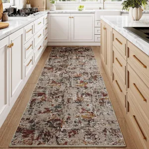 Modern Brown Runner Rug 2x6 Washable Hallway Red Brown Multi Bedroom Carpet Non Slip Kitchen Indoor Accent Neutral Abstract Distressed Throw Rug Dining Laundry Living Room Bathroom