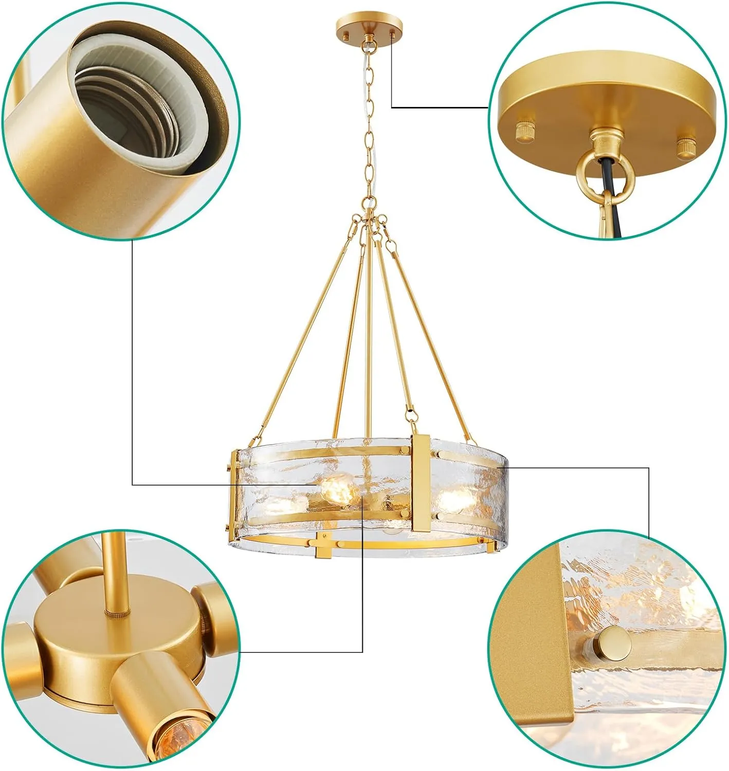 Modern Drum Chandelier for Dining Room, 4-Light Water Glass Pendant Light for Living Room, E26 Socket, D18.3xW16xH64.5