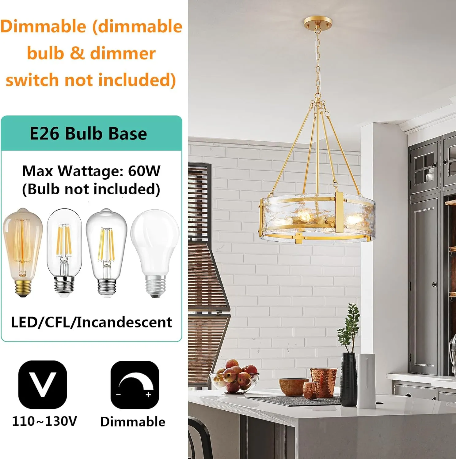 Modern Drum Chandelier for Dining Room, 4-Light Water Glass Pendant Light for Living Room, E26 Socket, D18.3xW16xH64.5
