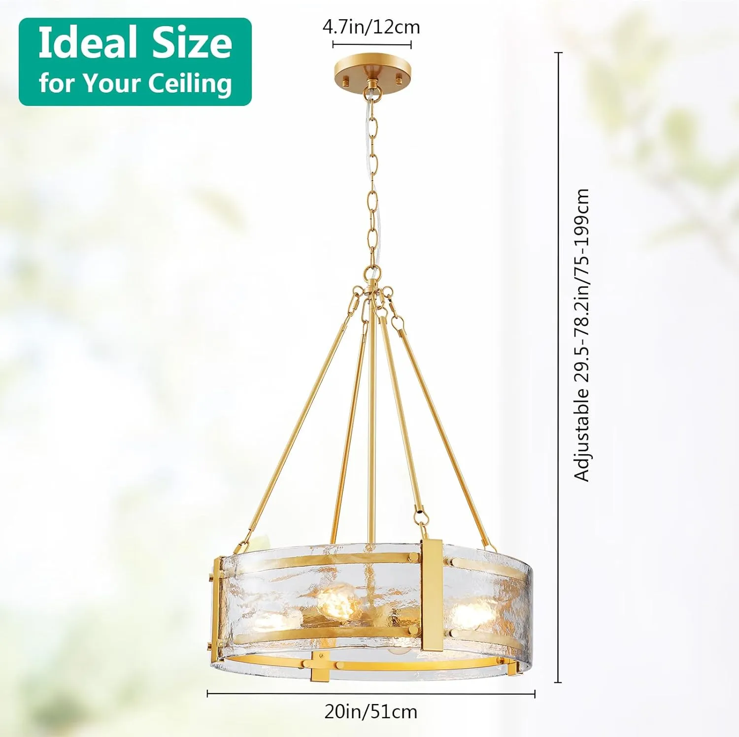 Modern Drum Chandelier for Dining Room, 4-Light Water Glass Pendant Light for Living Room, E26 Socket, D18.3xW16xH64.5