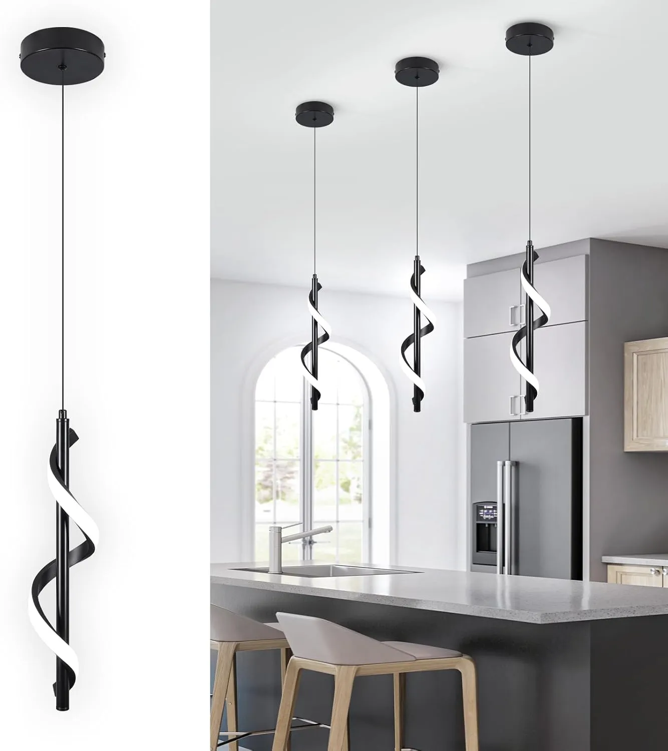 Modern Led Pendant Light Fixtures,6000K Cool White Black Led Pendant Lighting for Kitchen Island,Adjustable Height Hanging Light Fixtures for Kitchen Dining Room Living Room,1 Pack