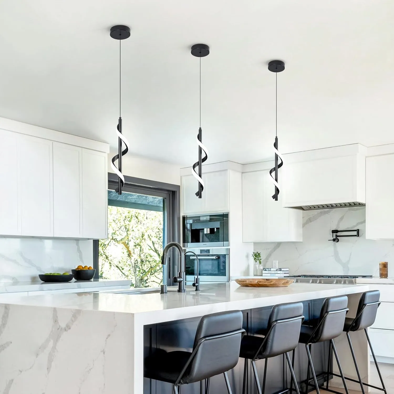 Modern Led Pendant Light Fixtures,6000K Cool White Black Led Pendant Lighting for Kitchen Island,Adjustable Height Hanging Light Fixtures for Kitchen Dining Room Living Room,1 Pack
