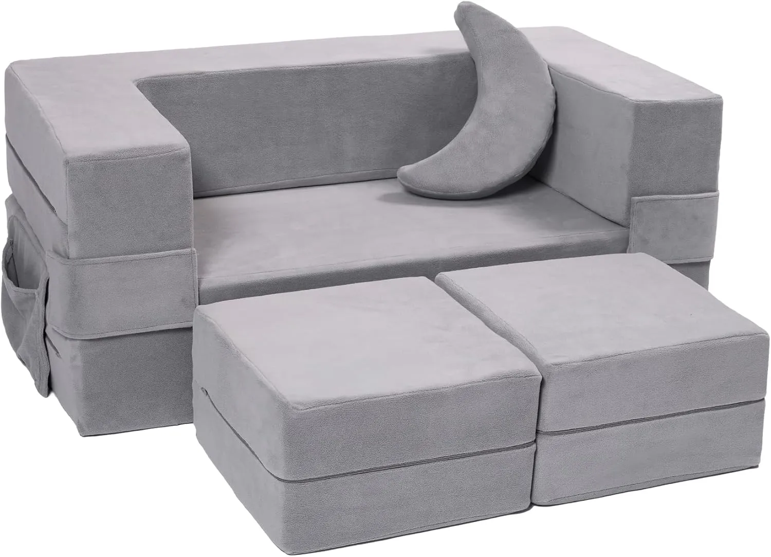 Modular Kids Couch, Toddler Foam Armchair for Kids, Convertible Plush Sofa Play Set, Fold Out Sofa Bed - Grey