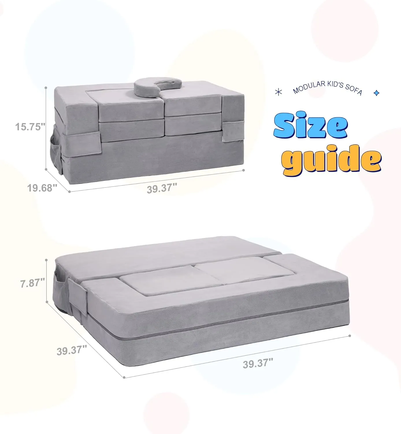 Modular Kids Couch, Toddler Foam Armchair for Kids, Convertible Plush Sofa Play Set, Fold Out Sofa Bed - Grey