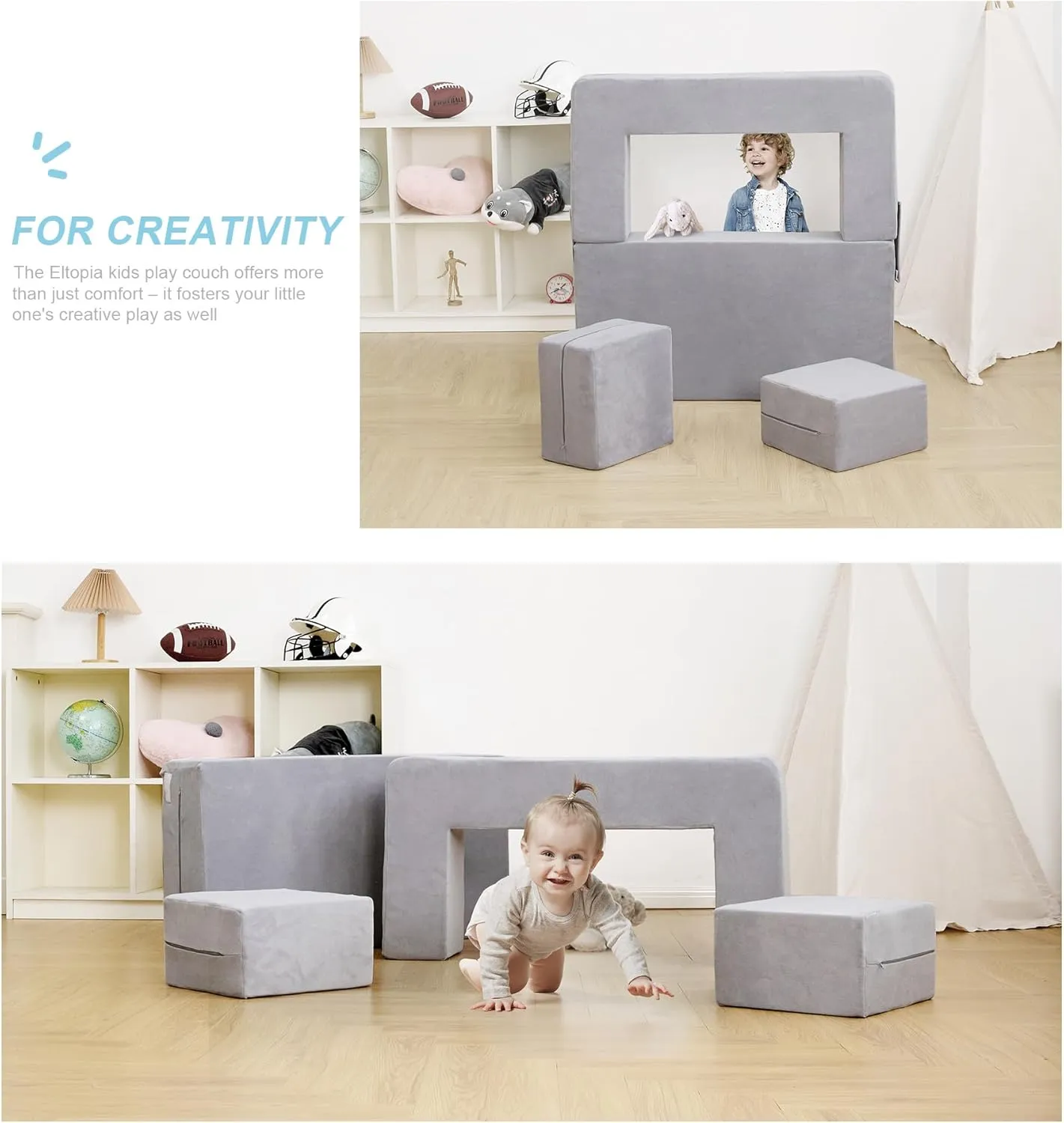 Modular Kids Couch, Toddler Foam Armchair for Kids, Convertible Plush Sofa Play Set, Fold Out Sofa Bed - Grey