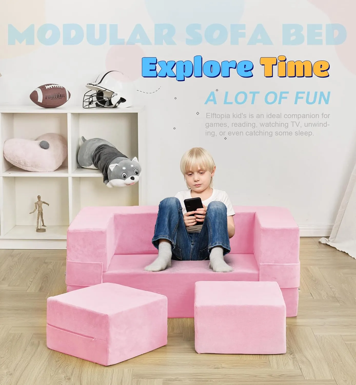 Modular Kids Sofa - Toddler Couch Foam Armchair, Children Convertible Plush Play Set, Fold Out Bed (Pink)