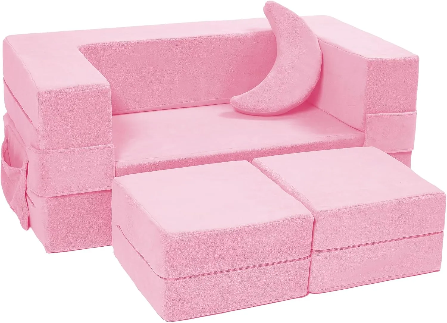 Modular Kids Sofa - Toddler Couch Foam Armchair, Children Convertible Plush Play Set, Fold Out Bed (Pink)