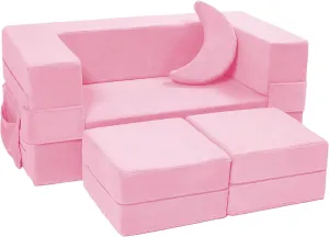 Modular Kids Sofa - Toddler Couch Foam Armchair, Children Convertible Plush Play Set, Fold Out Bed (Pink)