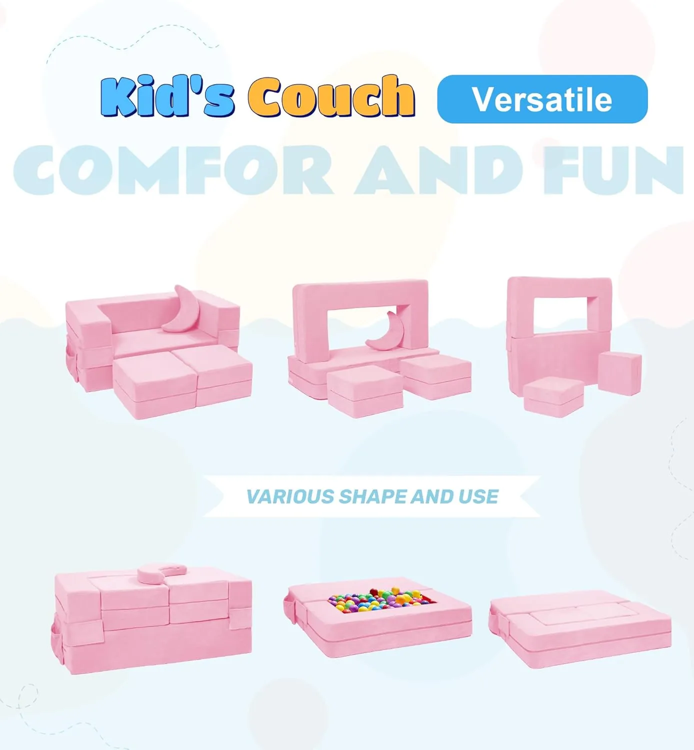 Modular Kids Sofa - Toddler Couch Foam Armchair, Children Convertible Plush Play Set, Fold Out Bed (Pink)