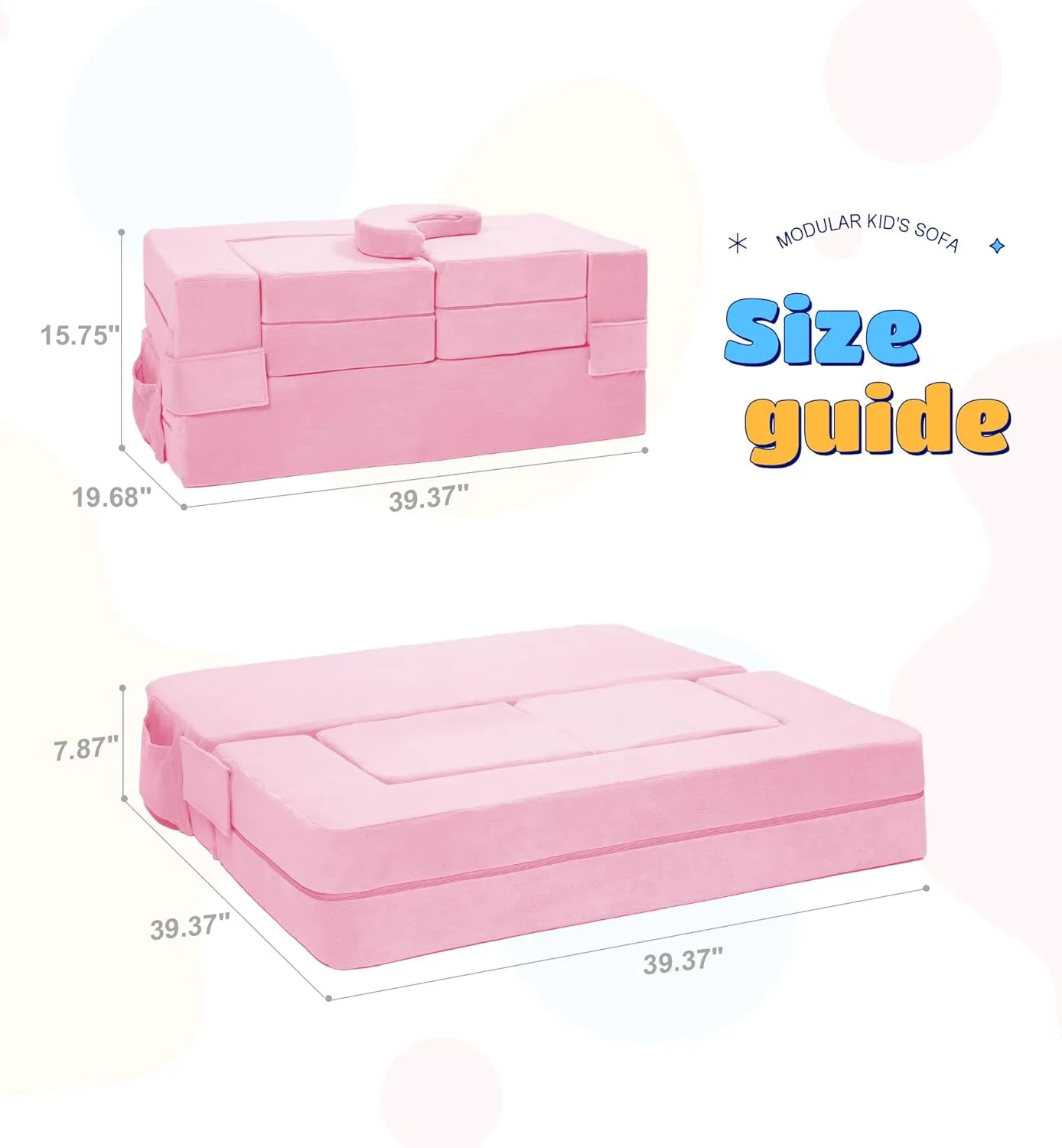 Modular Kids Sofa - Toddler Couch Foam Armchair, Children Convertible Plush Play Set, Fold Out Bed (Pink)