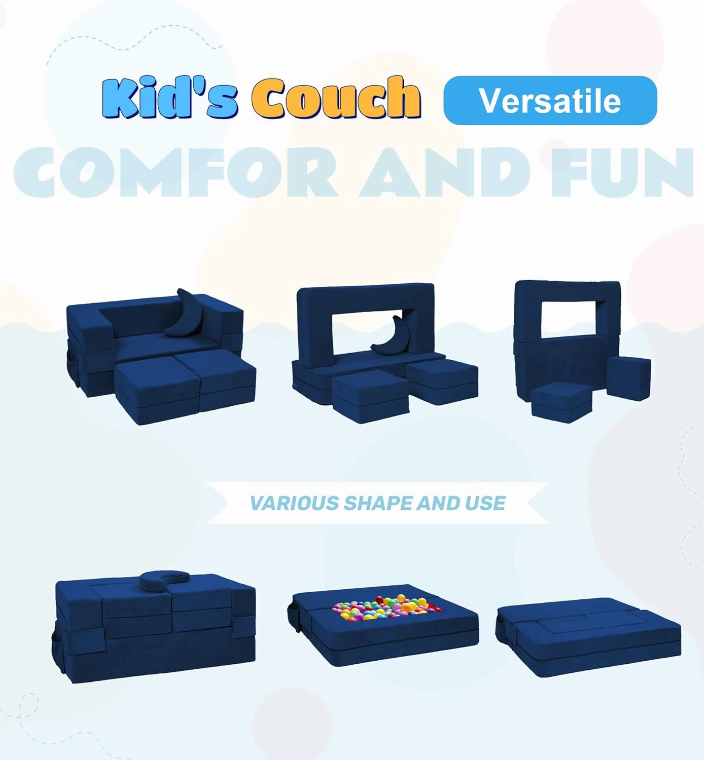 Modular Kids Toddler Couch Foam Armchair for Kids, Convertible Plush Sofa Play Set, Fold Out Sofa Bed (Navy)