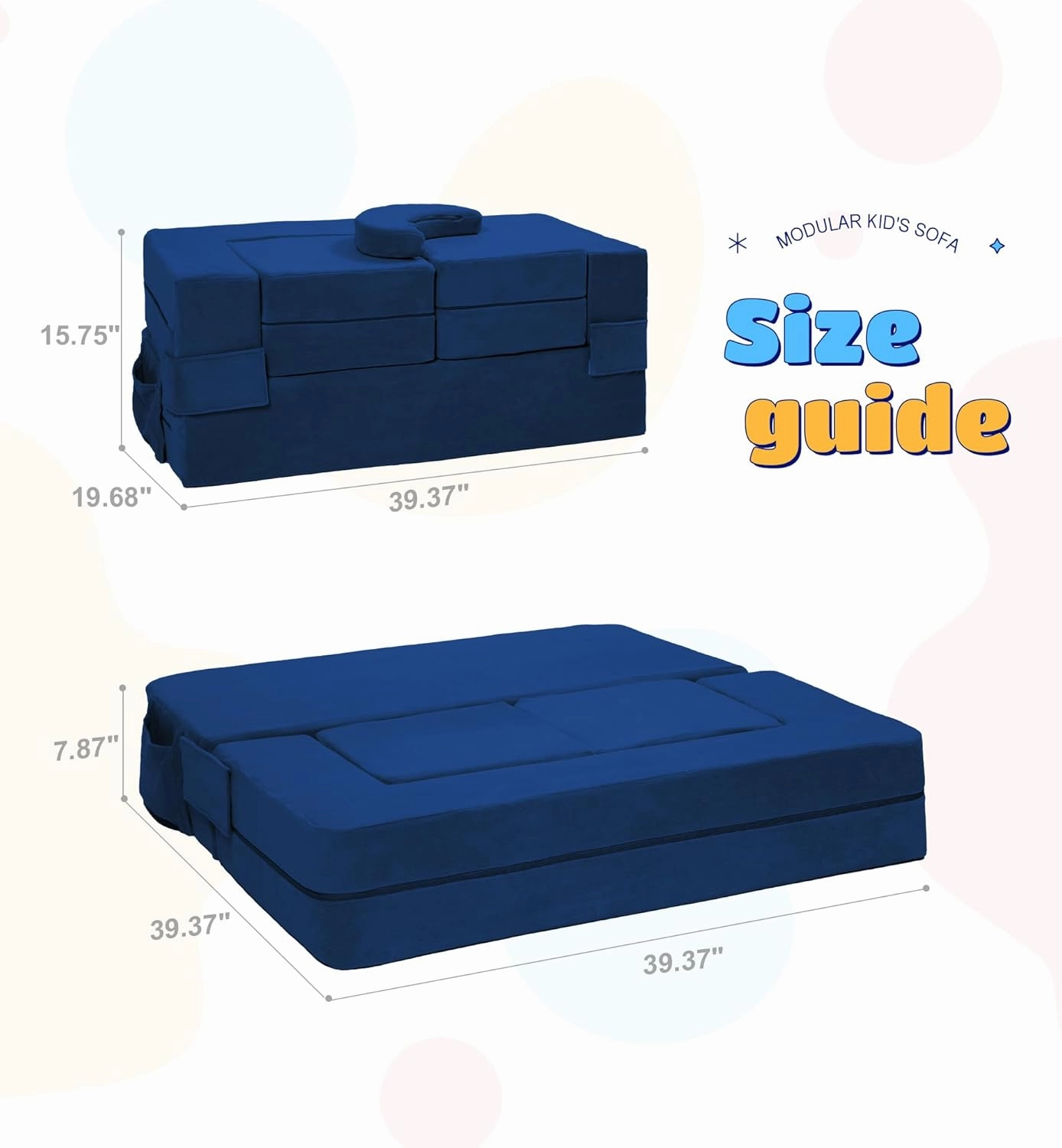 Modular Kids Toddler Couch Foam Armchair for Kids, Convertible Plush Sofa Play Set, Fold Out Sofa Bed (Navy)