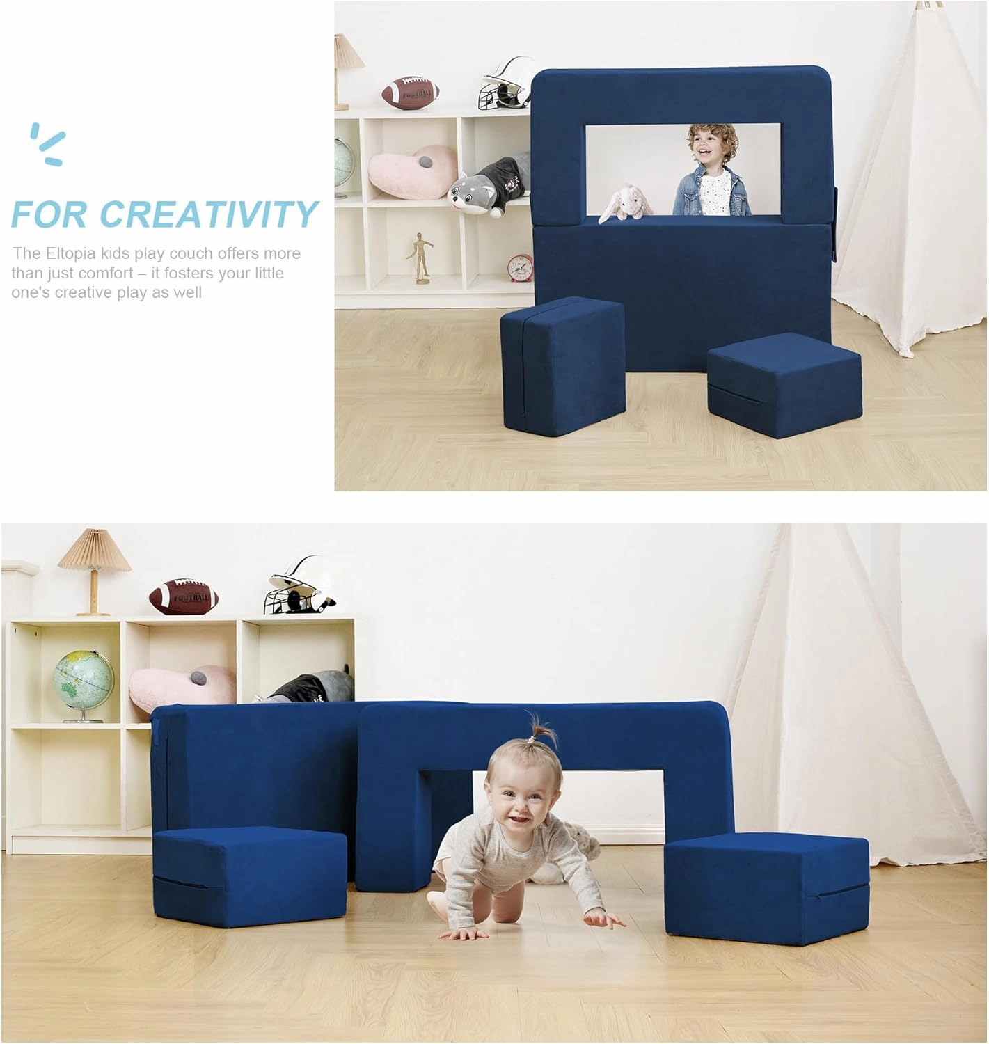 Modular Kids Toddler Couch Foam Armchair for Kids, Convertible Plush Sofa Play Set, Fold Out Sofa Bed (Navy)