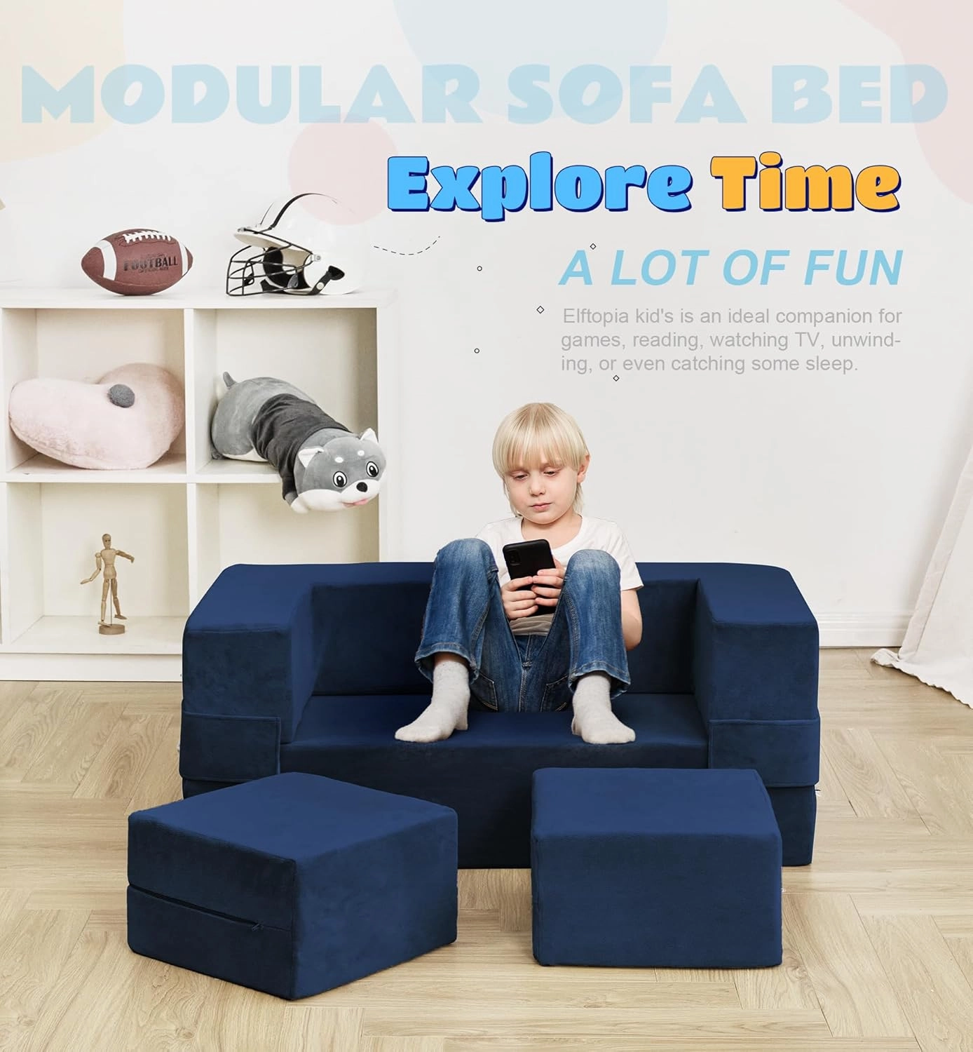 Modular Kids Toddler Couch Foam Armchair for Kids, Convertible Plush Sofa Play Set, Fold Out Sofa Bed (Navy)
